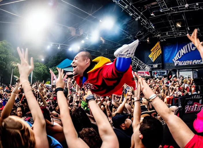 Image similar to photo still of putties from power rangers at the vans warped tour!!!!!!!! at age 3 6 years old 3 6 years of age!!!!!!!! stage diving into the crowd, 8 k, 8 5 mm f 1. 8, studio lighting, rim light, right side key light