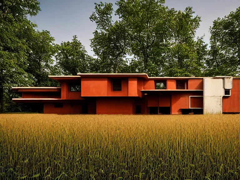 Image similar to hyperrealism design by frank lloyd wright and kenzo tange photography from 5 point of perspective of beautiful detailed small solarpunk house with many details in small detailed ukrainian village designed by taras shevchenko and wes anderson and caravaggio, wheat field behind the house, around the forest volumetric natural light