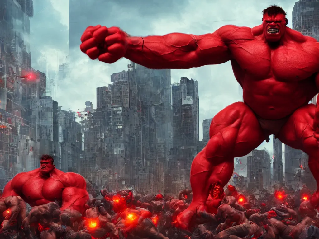 Prompt: Red Hulk invading a large city, epic composition, large scale, octane render, digital art, sharp focus, trending on artstation, action pose