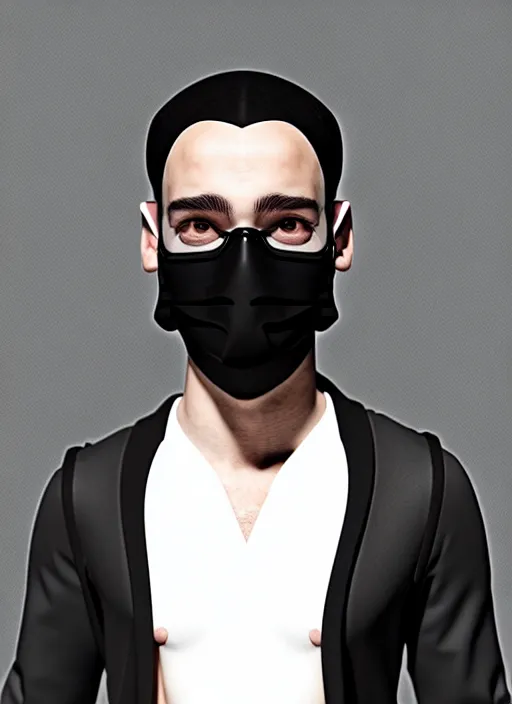 Image similar to handsome young man with black medical mask, half body shot, path traced, highly detailed, high quality, digital painting, by daniel sprick