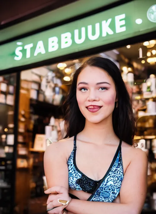 Image similar to a full portrait photo of real - life starbucks siren, f / 2 2, 3 5 mm, 2 7 0 0 k, lighting, perfect faces, award winning photography.