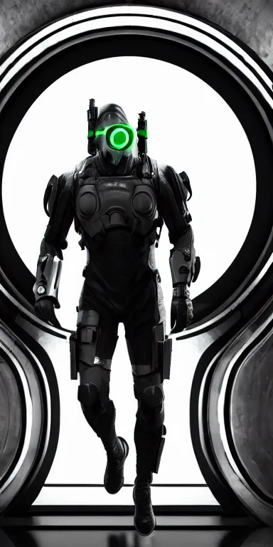 Image similar to full body cinematic shot of a male time traveling intelligence agent in a black and greyscale sealed continuity suit stepping through an arched time travel gateway with glowing keystone, masculine, simple and functional with gaiter-style gas mask, a mix between splinter cell and metal gear solid by alphonse mucha