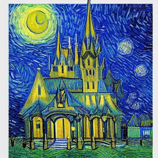 Prompt: A large Victorian castle in the style of Van Gogh