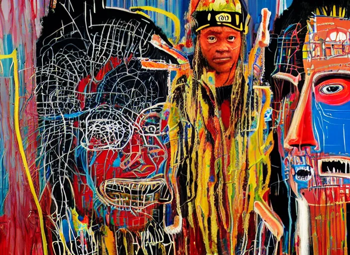 Prompt: jean-michel basquiat, david choe and alex gray painting, intricately highly detailed art piece