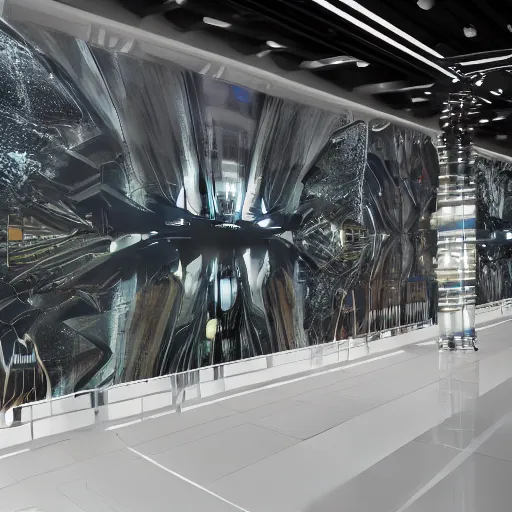 Image similar to sci-fi organic brutalism speed dynamic o x u airport interior wall panel on the coronation of napoleon painting and digital billboard in the middle, unreal engine 5, keyshot, octane, artstation trending, ultra high detail, ultra realistic, cinematic, 8k, 16k, in style of zaha hadid, in style of nanospace artstation, in plastic,dark, tilt shift,