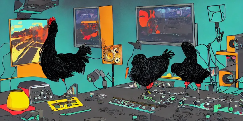 Image similar to 'black chicken'!!! smoking 'cannabis'!!!!!! in front of 'audio console'!!!! and 'multi monitors'!!!! 'in a hi-tech tv broadcasting studio'!!!!, artwork by James Gilleard