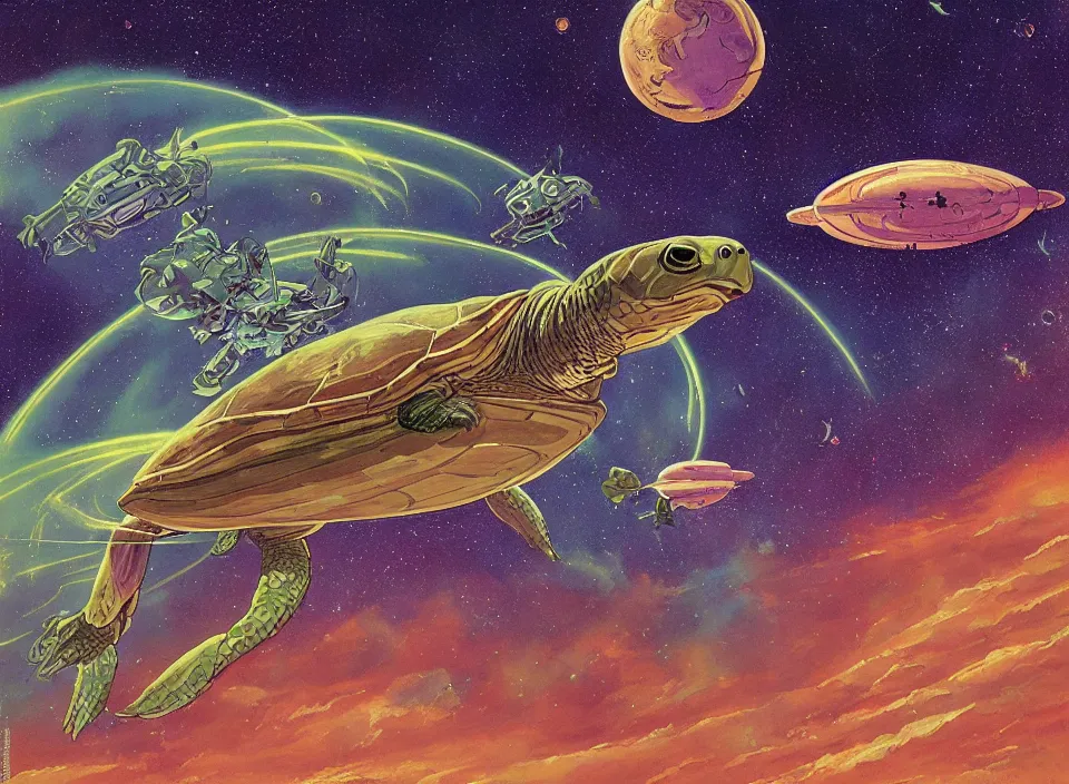 Prompt: a beautiful epic painting of giant turtle spaceship flying through space in the style of Moebius and Pascal Blanché