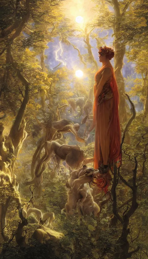 Image similar to A mythical alicorn viewing at a solar eclipse from a primordial forest. Highly detailed, digital painting, artstation, concept art, sharp focus, illustration, art by Jan Brueghel the Elder, greg rutkowski and alphonse mucha.