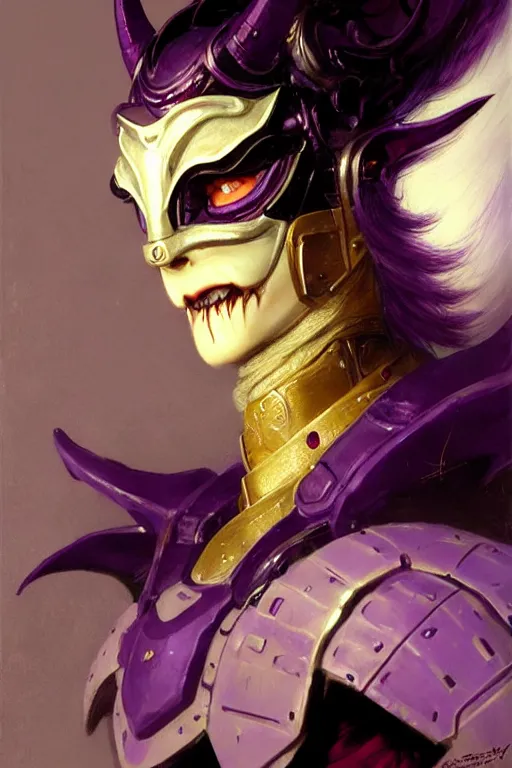 Prompt: extreme close up, facial portrait, woman with a long black ponytail in purple sci - fi armor, wearing a kitsune mask, shoulder pad is a glowing oni mask, striking pose, portrait dnd, painting by gaston bussiere, craig mullins, greg rutkowski, yoji shinkawa