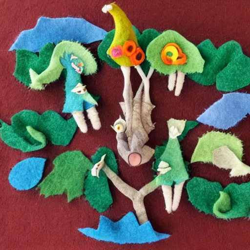 Prompt: two fantasy creatures, made of felt and cloth and beads, in a lush magical forest, handcrafted, stop motion art