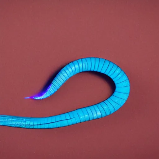 Image similar to studio photograph of a matte dark gray worm with a neon blue head and tail