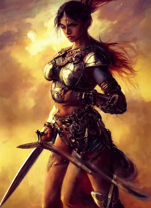 Image similar to hyper realistic warrior girl with sword in her hand, full body, rule of thirds, human proportion, good anatomy, beautiful face, conceptart, saturated colors, cinematic, vallejo, frazetta, royo, rowena morrill, cinematic