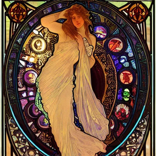 Prompt: the longest night, mondenkind holding a candle, art by alphonse mucha, intricate stained glass