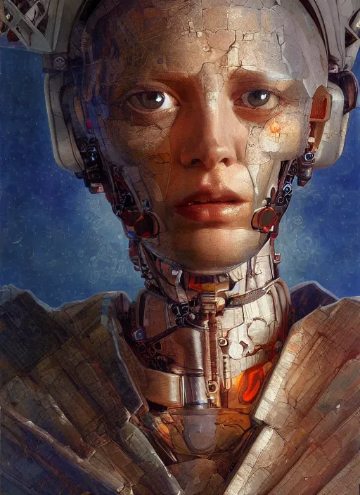 Prompt: biblical shy beautiful female mage android robot spells, heavy eyes to the side, closeup, bright glowing veins, in clouds, sunset, portrait, by gerald brom, by mikhail vrubel, by peter elson, muted colors, extreme detail, reflections, trending on artstation, 8 k