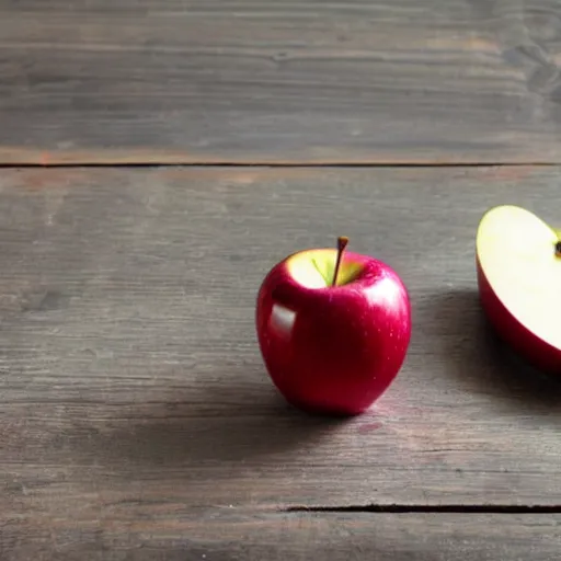 Image similar to There is an apple sitting on a table, it is made of reflective ruby crystal.