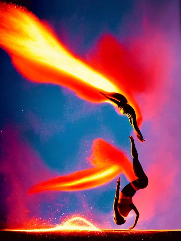 Image similar to a perfect colorised portrait photograph of a backflip woman, erupting in every direction, jets of glowing effluent and metallic chunks.
