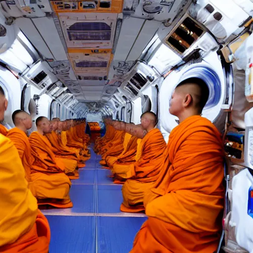 Image similar to Thai Buddhist monks on alms round on a space station in orbit.