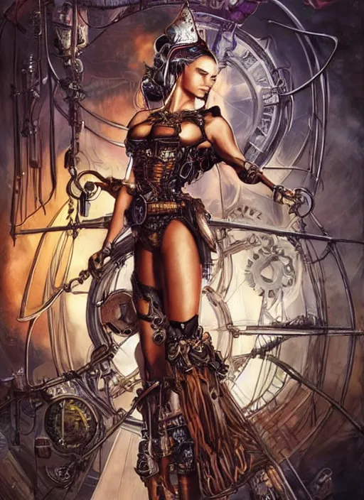 Image similar to front portrait of attractive Adriana Lima as Lady Mechanika hanging from a steampunk airship , Intrincate background with steampunk imagery , D&D!, fantasy style, sharp focus!, ultra detailed, art by Artgerm and Peter Andrew Jones, WLUP