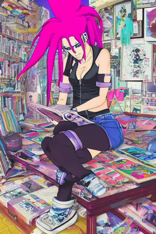 Image similar to concept art painting of an anime cybergoth girl with pink dreads on the floor reading a book in a cluttered 9 0 s bedroom, artgerm, jamie hewlett, toon shading, cel shading, calm, tranquil, vaporwave colors, rendered by substance designer, lifelike,