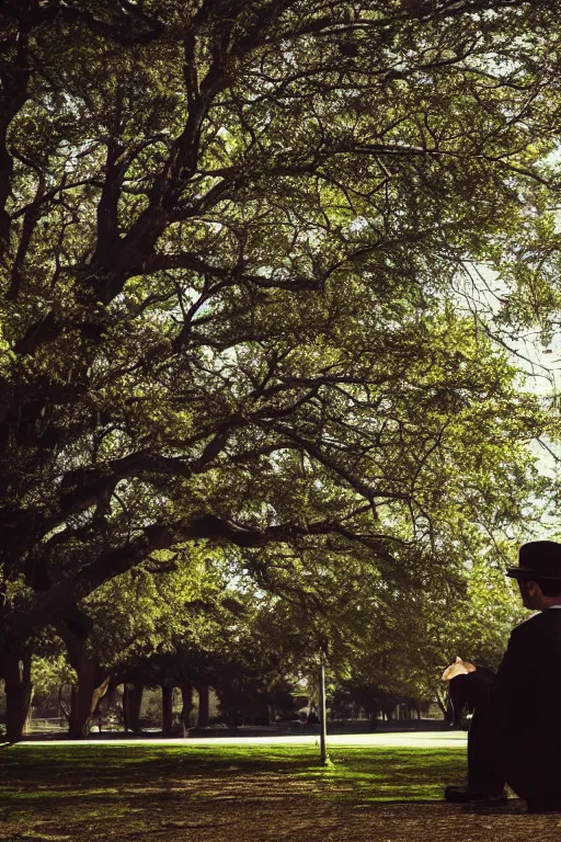 Image similar to a detective from the 5 0's, sitting in a park under a big tree