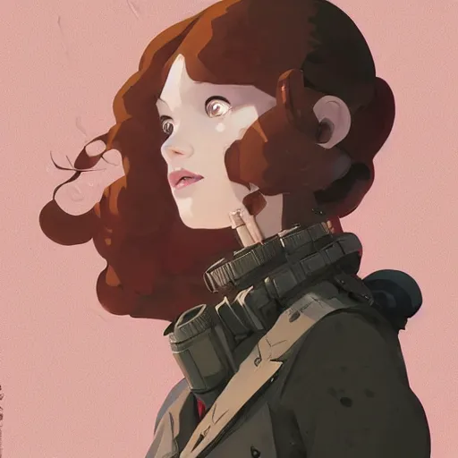 Image similar to Highly detailed portrait of a dieselpunk young lady with, freckles and wavy hair by Atey Ghailan, by Loish, by Bryan Lee O'Malley, by Cliff Chiang, by Greg Rutkowski, inspired by image comics, inspired by graphic novel cover art, inspired by nier!! Gradient color scheme ((grafitti tag brick wall background)), trending on artstation