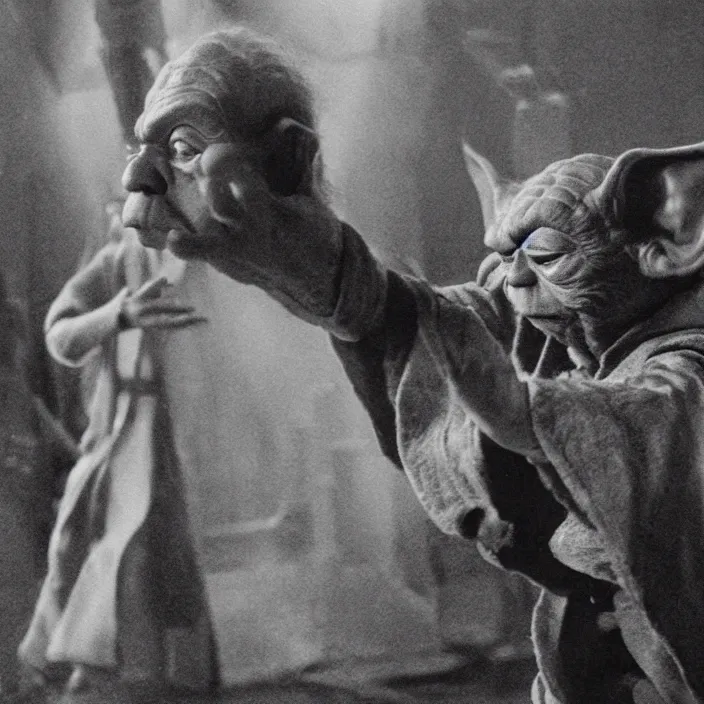 Prompt: a hyperdetailed studio photo of master yoda dancing with luke skywalker