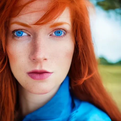 Prompt: close up portrait photo of the left side of the face of a redhead woman with blue eyes who looks directly at the camera. Slightly open mouth, face covers half of the frame, with a park visible in the background. 135mm nikon. Intricate. Very detailed 8k. Sharp. Cinematic post-processing. Award winning photography