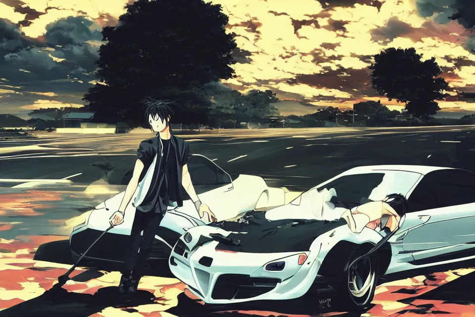 Image similar to aesthetic illustration of ryosuke takahashi with black hair, standing by his glossy white mazda rx 7 on an empty highway at dusk, cinematic lighting, initial d anime 1 0 8 0 p, detailed anime face, high detail, 9 0 s anime aesthetic, volumetric lights, rule of thirds, unreal engine 5 render, pinterest wallpaper, trending on artstation