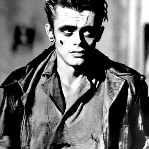 Image similar to james dean as frankenstein's monster. frankenstein's monster as james dean. handsome frankenstein, beatnik frankenstein, rebel frankenstein