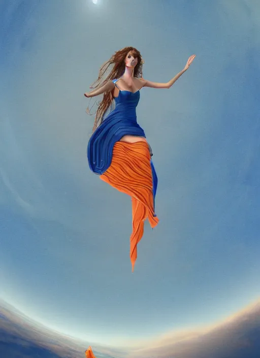 Image similar to full body portrait of beautiful goddess of mars theme inspired wearing blue and white carved details moving dress, she is floating in the air, planet mars in the background, open sky, 3 d realistic, octane render, mystical, orange fog, circle forms, iper realistic, cinematic light, paint on canvas, art by vlop