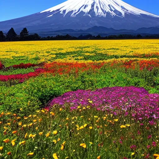 Prompt: Field of mixed flowers, Mount Fuji blurred in the background, good news on Sunday