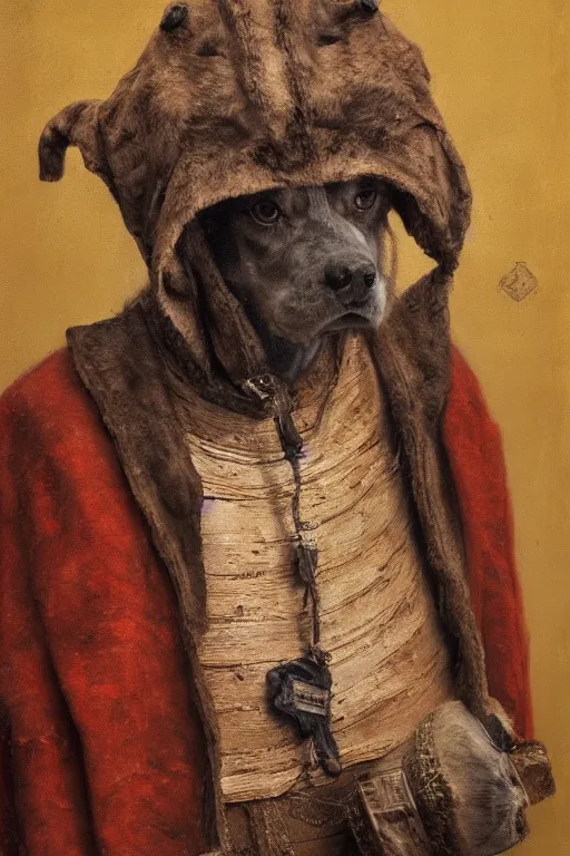 Image similar to Slavic dog head man, beautiful torso in medieval clothes, oil painting, hyperrealism, woolen, high resolution, trending on artstation,