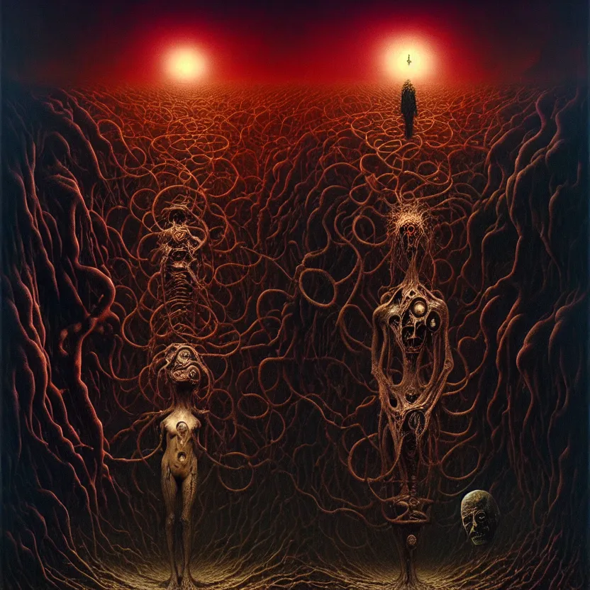 Image similar to a bizarre nightmare, cosmic horror, by zdzisław beksinski and greg rutkowski and esao andrews and salvador dali, oil on canvas, mixed media, abstract, artstation, surreal, hell, horror, dark, intricate textures