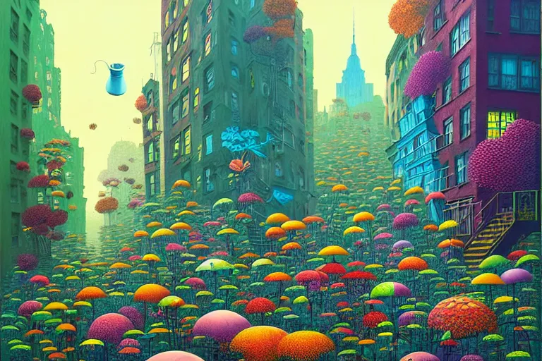 Image similar to surreal glimpse into other universe, new york, summer morning, very coherent and colorful high contrast, art by!!!! gediminas pranckevicius!!!!, geof darrow, floralpunk screen printing woodblock, dark shadows, hard lighting, stipple brush technique,