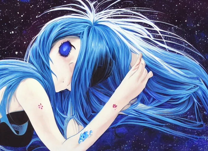 Image similar to a woman with blue hair laying on the ground with her head down, a detailed painting by rei kamoi, featured on pixiv, space art, official art, anime, toonami