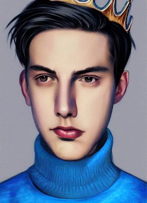 Image similar to portrait of teenage jughead jones wearing a light grey crown, crown, blue turtleneck, 1 9 5 0 s, closed eyes, photorealistic, black hair, glowing lighting, intricate, elegant, glowing lights, highly detailed, digital painting, artstation, concept art, smooth, sharp focus, illustration, art by wlop, mars ravelo and greg rutkowski