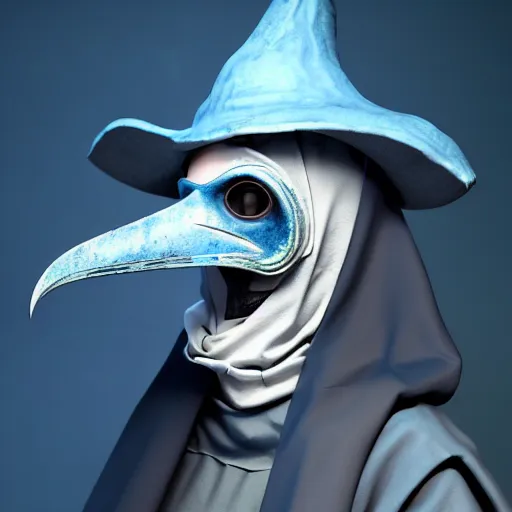 Prompt: portrait of a cute feminine plague doctor, side angle, mystical blue background, raven mask, stunning 3 d render inspired art by greg rutkowski and xiang duan and thomas eakes, realistic, highly detailed attributes and atmosphere, dim volumetric cinematic lighting, 8 k octane detailed render, post - processing, masterpiece, soft vignette, vibrant colors