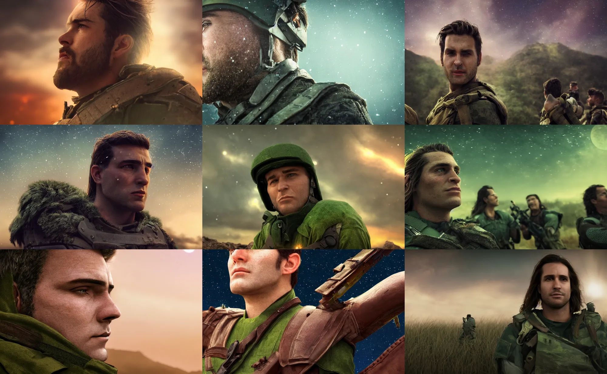 Prompt: close up cinematic artwork of commander in his late twenties, clean shaven with medium long brown hair and green eyes, looking up at to the night sky while warriors fight near him by greg rutowski, 4 k, masterpiece