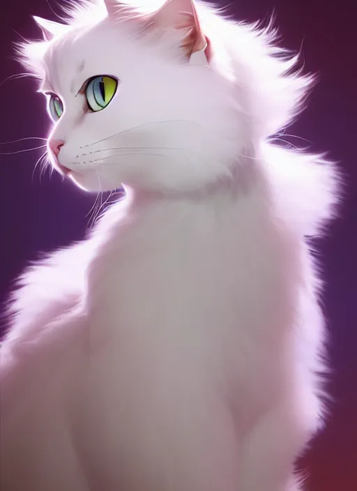 Image similar to fluffy white cat, natural lighting, path traced, highly detailed, high quality, cartoon, digital painting, by don bluth and ross tran and studio ghibli and alphonse mucha