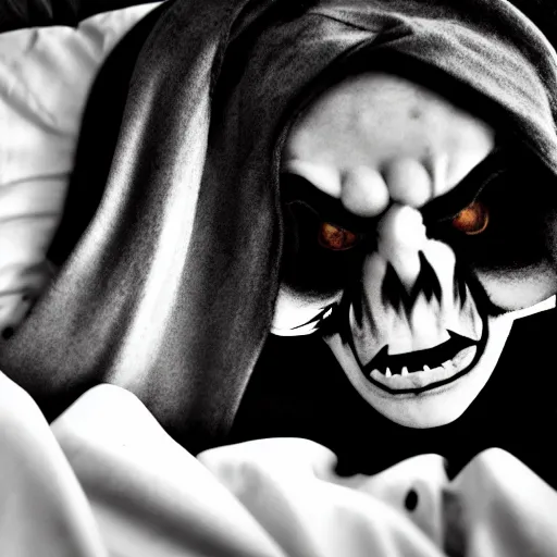 Prompt: there's evil demons at the end of my bed, white eyes, creepy, black and white