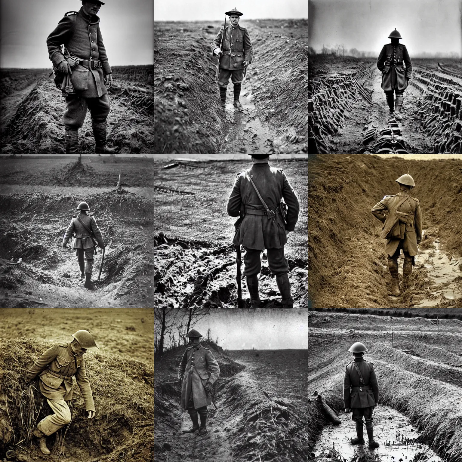 Prompt: lost man wandering world war 1 trenches, muddy ground, wartorn landscape