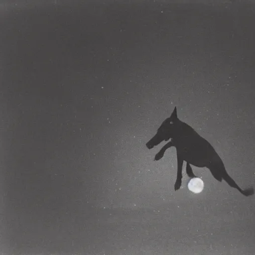 Prompt: a blurry 1 9 0 0 s photograph of a black dog flying in the night sky, moonlight,