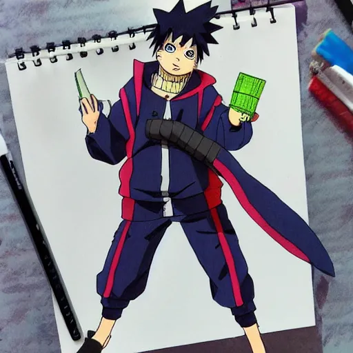 Prompt: a colored sketch of Naruto wearing casual clothes in the art style of Koyoharu Gotouge