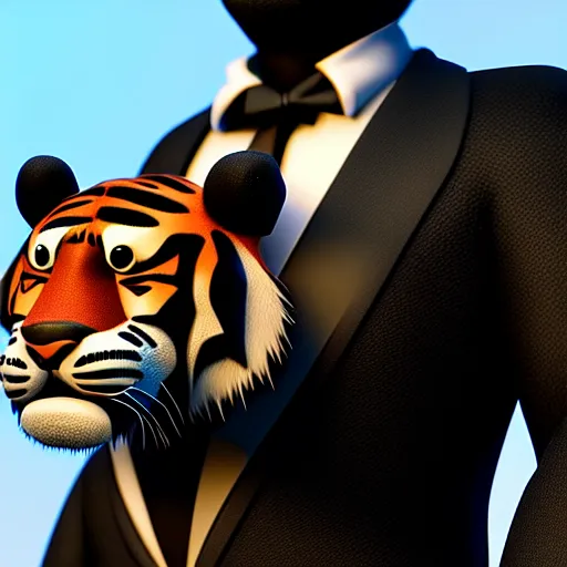 Prompt: anthropomorphic tiger in a black suit, ultra detail, ultra realistic, soft fur, ssao 8 k