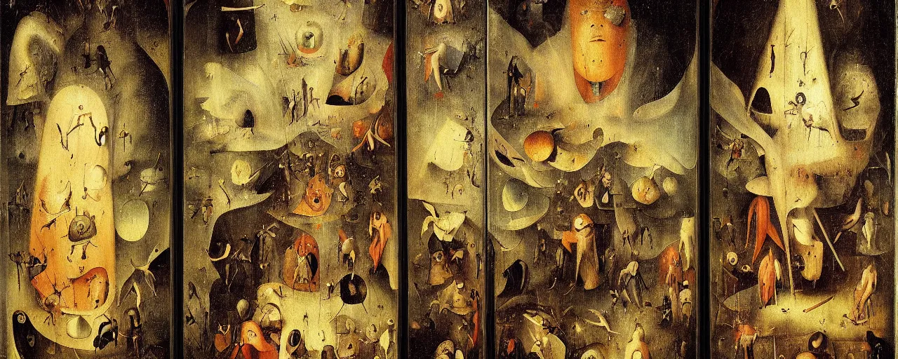 Prompt: Purgatory Triptych by Hieronymus Bosch, surreal oil painting, highly detailed, dream like, masterpiece