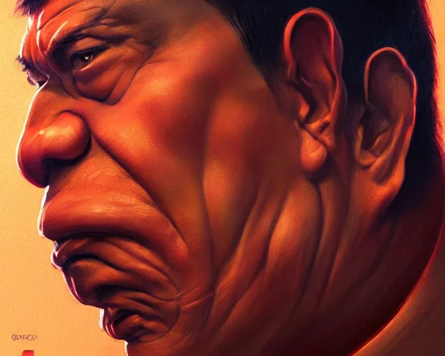 Image similar to rodrigo duterte face in a donut, detailed intricate illustration, dark atmosphere, detailed illustration, hd, 4 k, digital art, overdetailed art, by greg rutkowski, by loish, complementing colors, trending on artstation, deviantart