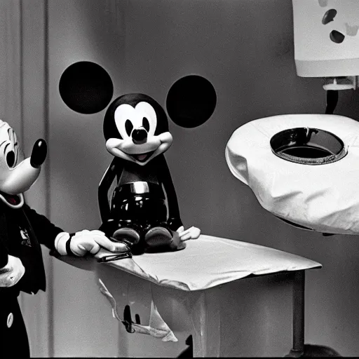 Prompt: photo of mickey mouse ’ s autopsy, black and white, wide angle