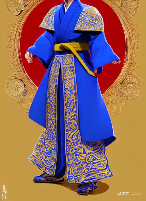 Image similar to manchurian martial artist!!!! blue eyes!! intricate ornate blue robes!! character concept art, sharp focus, octane render! unreal engine 5! highly rendered!! trending on artstation!! detailed linework!! illustration by artgerm, wlop, and chie yoshii