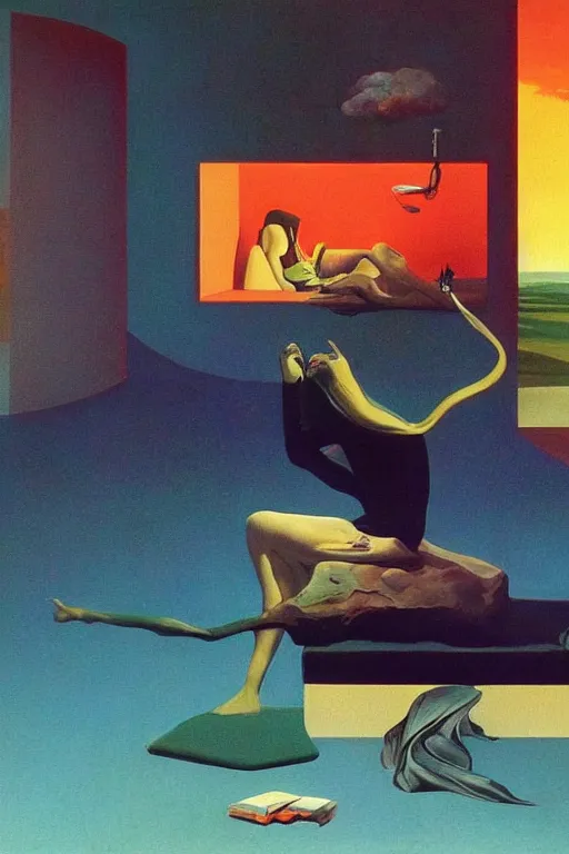 Image similar to surrealism!!!!! liminal vaporwave dreams, magical, painted by Edward Hopper, painted by salvador dali, painted by moebius, airbrush