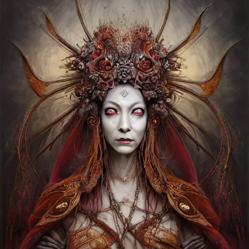 Prompt: a beautiful detailed 3d matte portrait of female empress of the dead, by ellen jewett, by tomasz alen kopera, by Justin Gerard, ominous, magical realism, texture, intricate, ornate, royally decorated, skull, skeleton, whirling smoke, embers, red adornements, red torn fabric, radiant colors, fantasy, volumetric lighting, high details